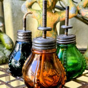Vintage Lumetta glazen olielampjes voor juweliers of kappers (4) Amberkleurig Lumetta olielampje – Duitsland ca. 1880